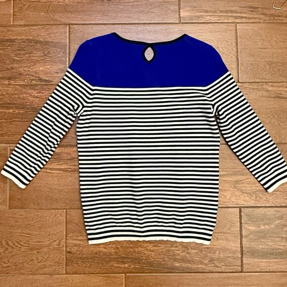 Talbots Color Block Knit Sweater Blue Black White Stripe 3/4 Sleeve Sz MP EUC - Picture 2 of 7